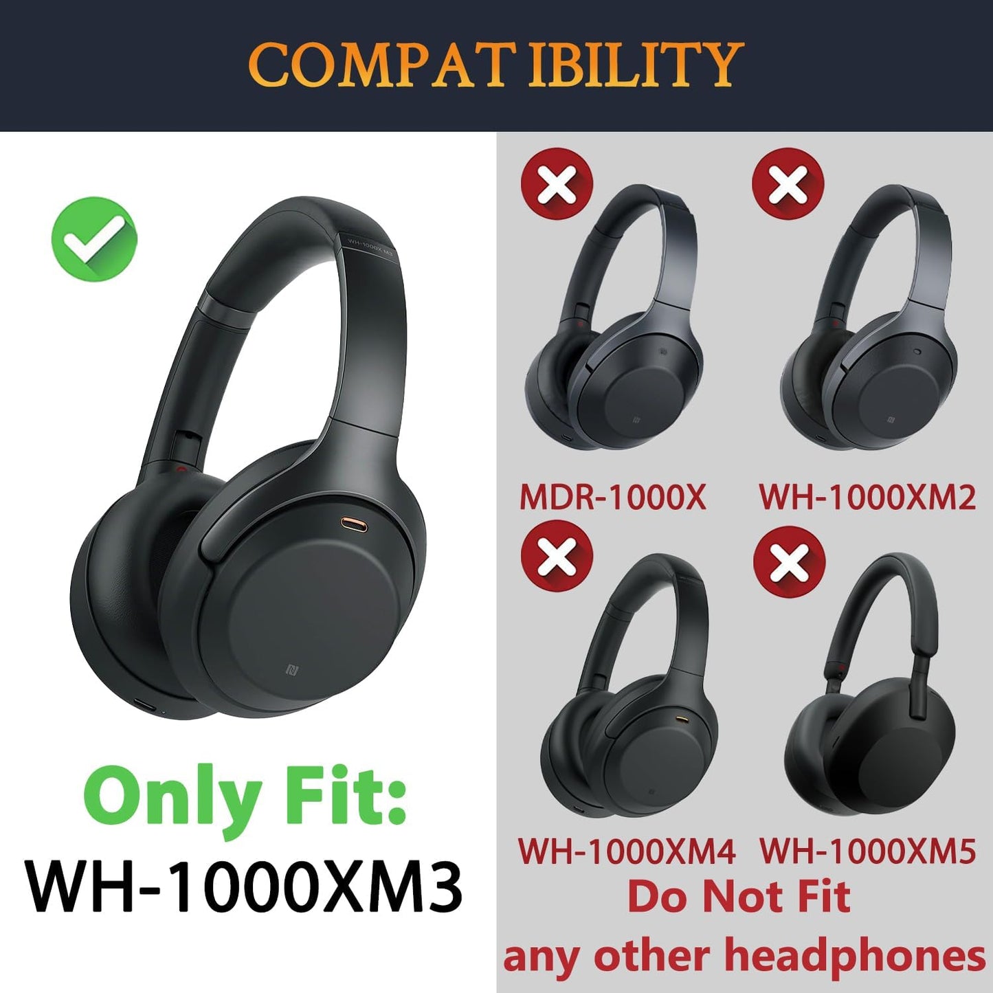 Professional Earpads Cushions Replacement for Sony WH-1000XM3 (WH1000XM3) Over-Ear Headphones, Ear Pads with Softer Protein Leather, Noise Isolation Memory Foam, Added Thickness (Black)